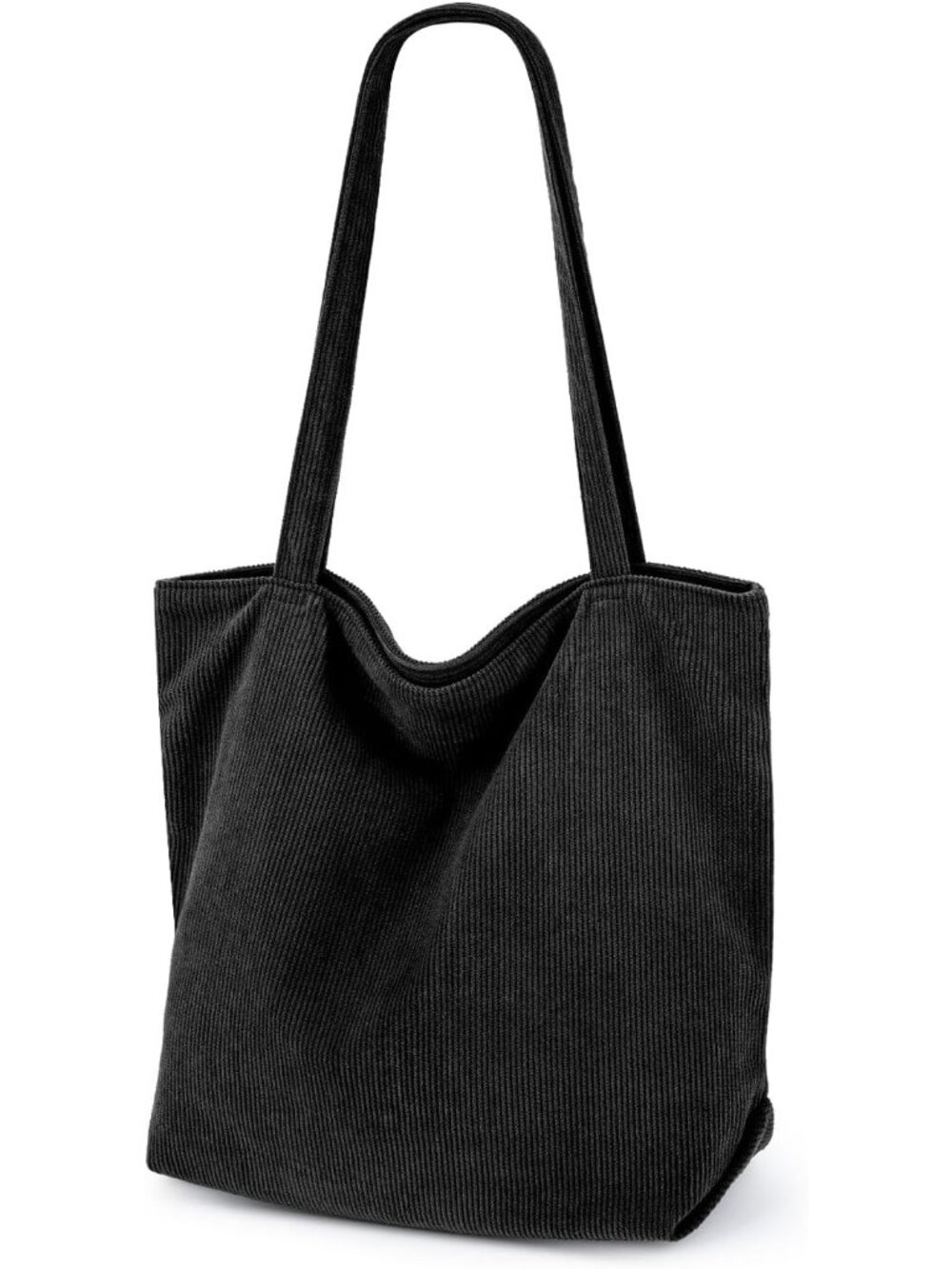 Women's Black Large Capacity Casual Shoulder Corduroy Tote Bag with Zipper